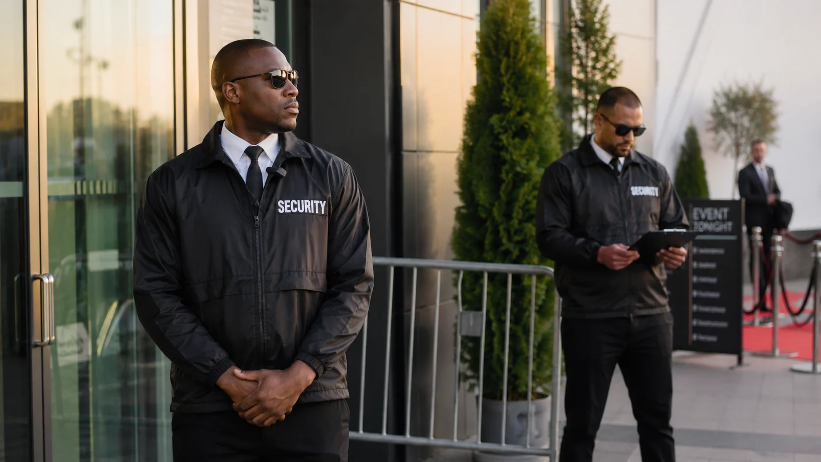 Two professional security officers monitoring the entrance of a commercial event venue
