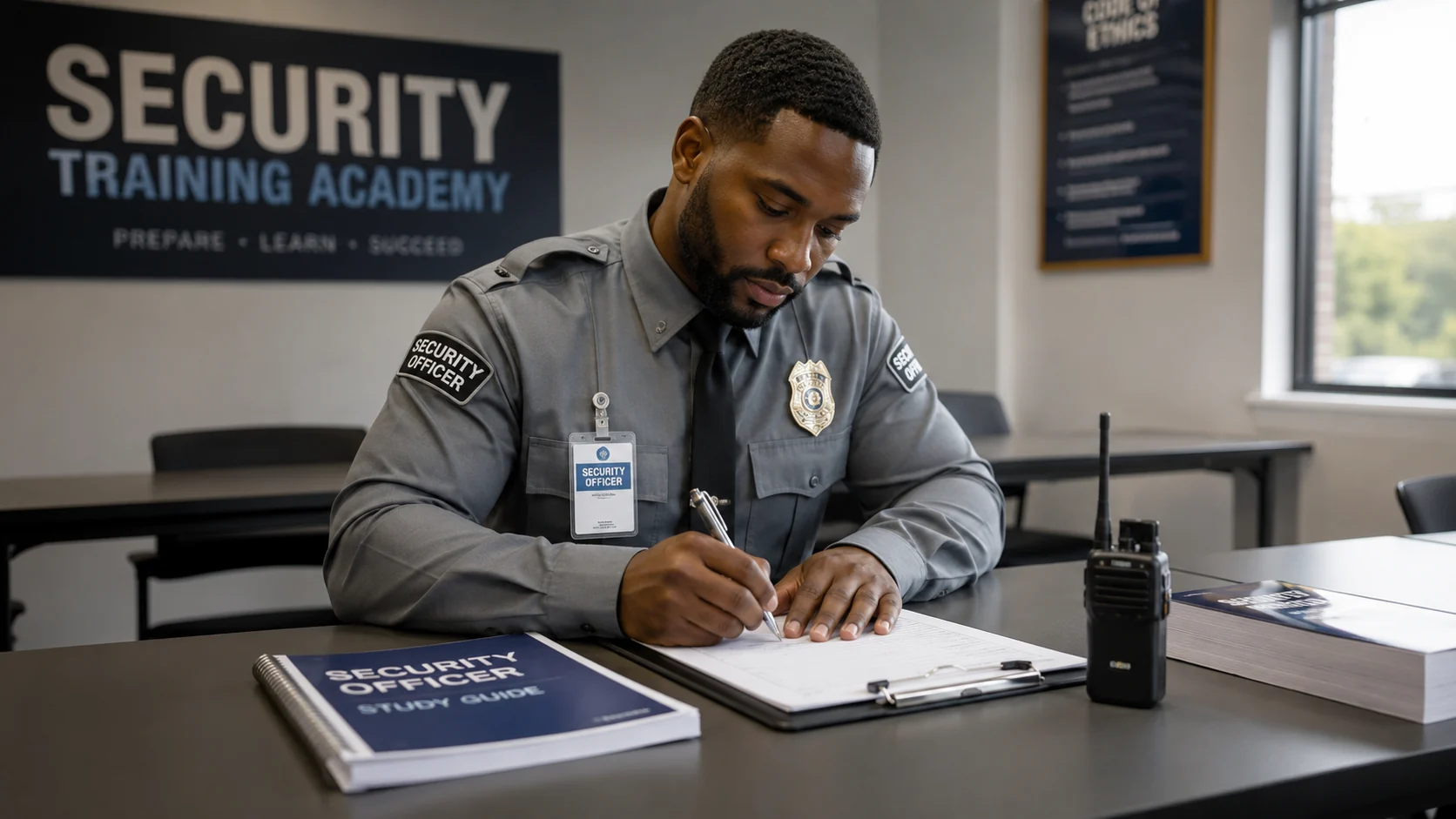 A uniformed security officer studying for a training examination in a classroom
